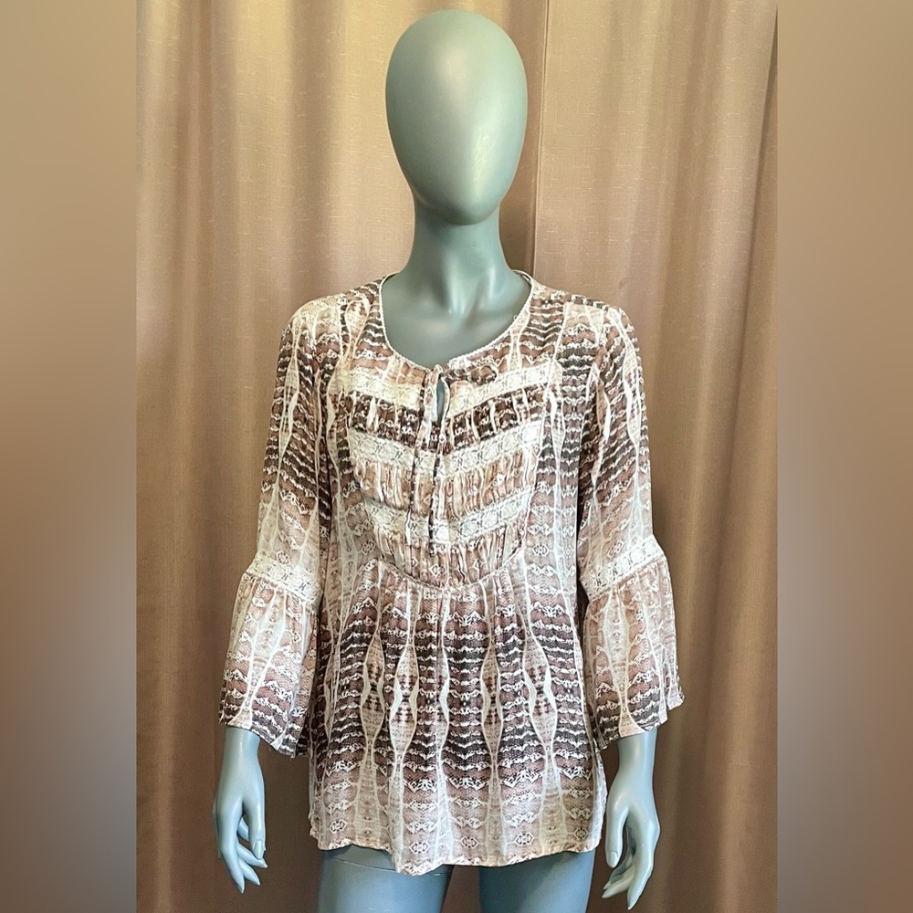 Haute Hippie Tribal Harlan White & Brown Bell Sleeve Large Boho Blouse